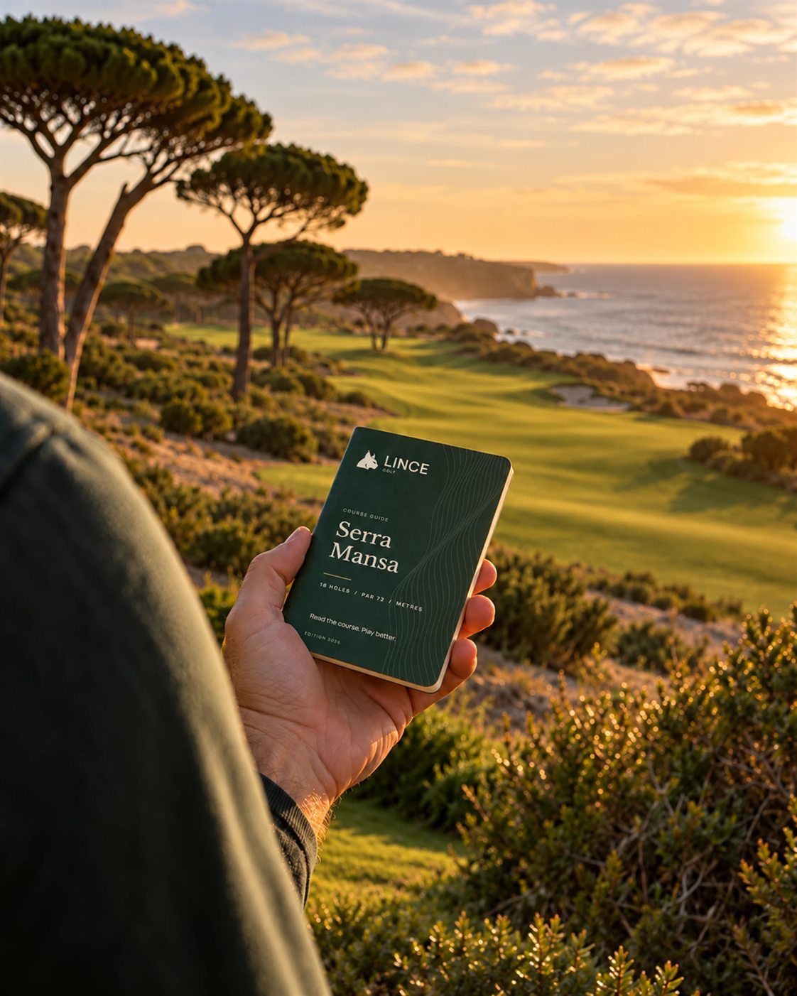 Um jogador segura um guia de bolso Lince Golf sobre um campo junto ao mar, com pinheiros-mansos ao pôr do sol
