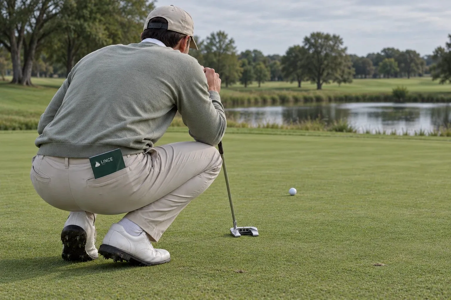Golfista kuca, by odczytać putt nad jeziorem, z kieszonkowym przewodnikiem Lince Golf w tylnej kieszeni