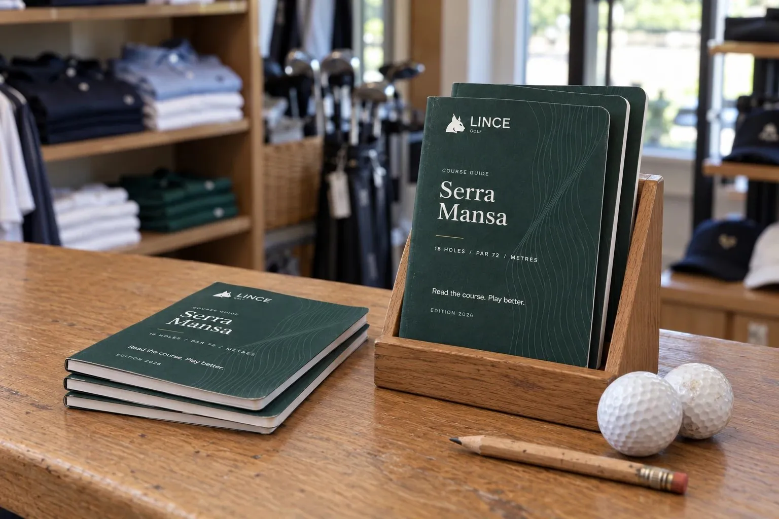 Kieszonkowe przewodniki Lince Golf na drewnianym stojaku na ladzie klubowego pro shopu