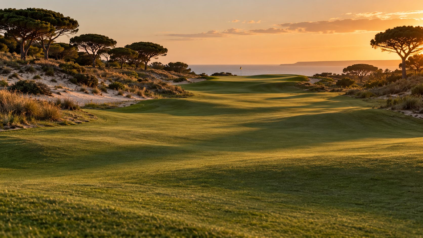 Um fairway ondulado entre dunas e pinheiros-mansos ao pôr do sol, com a bandeira num green elevado junto ao mar