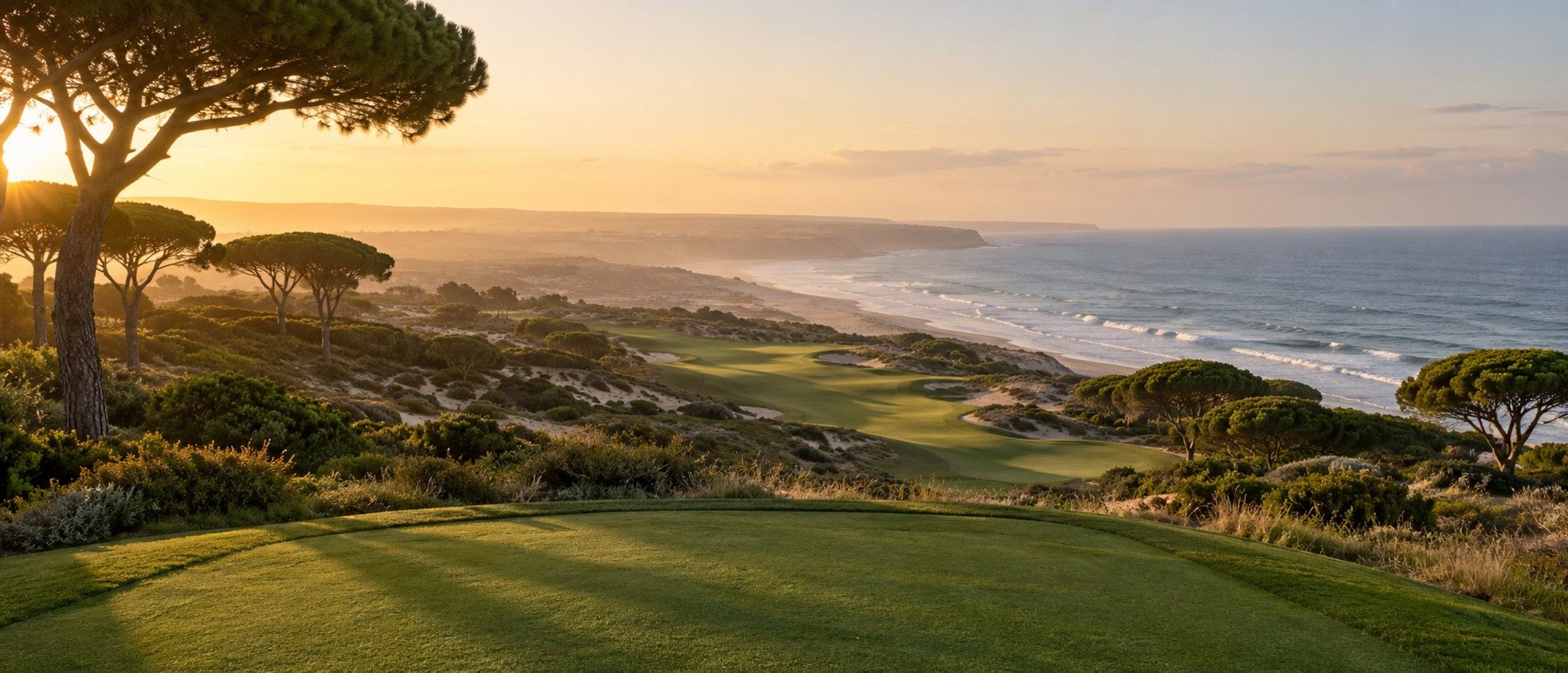 Vista de um tee elevado sobre um fairway entre dunas e pinheiros-mansos, com o mar ao pôr do sol
